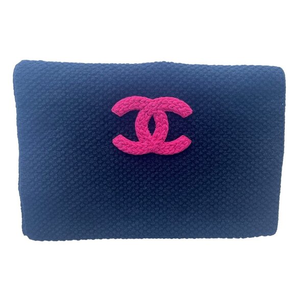Chanel Navy Blue Knit Scarf With Pink Logo Embroidery Womens Winter Accessory - Picture 6 of 9